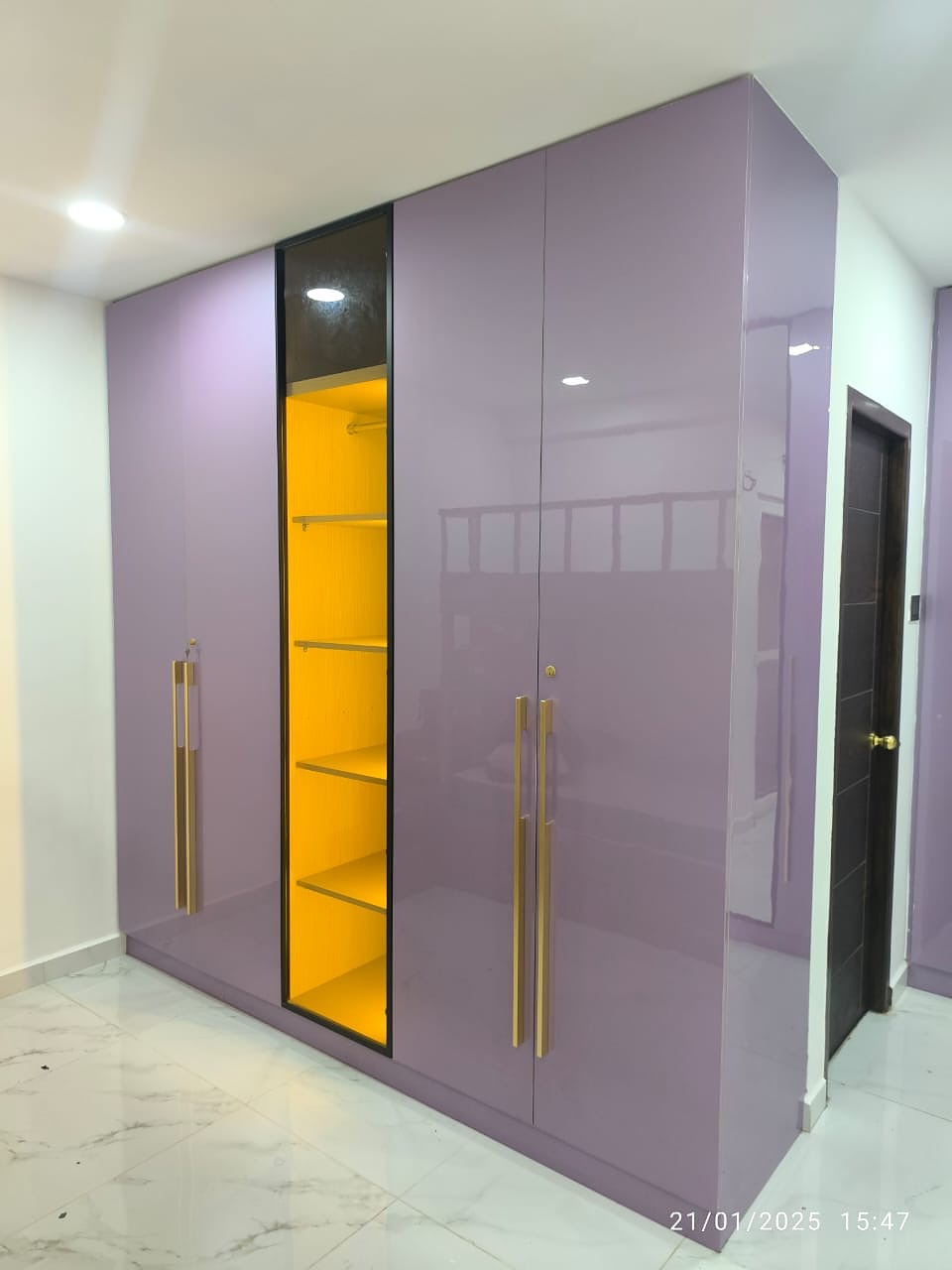 Purple glossy wardrobe with LED shelf