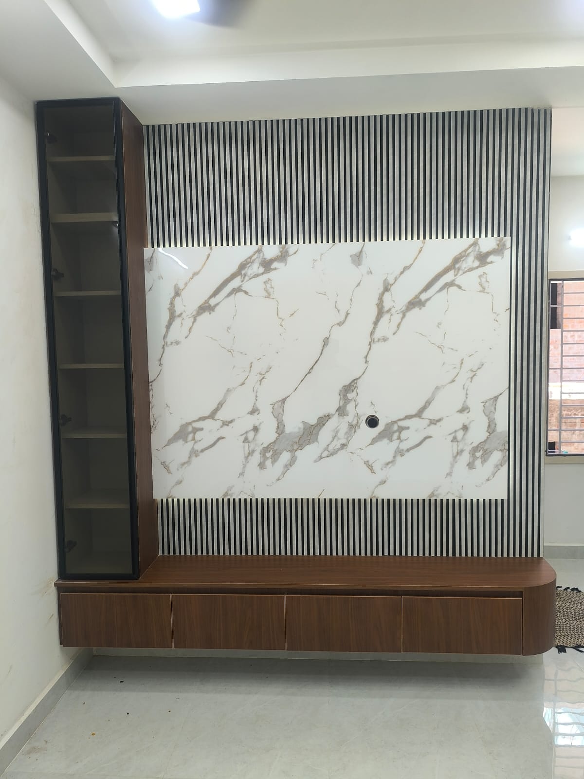 TV unit marble panel wide view